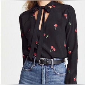 RAILS XS Blk 🍒 Whimsical Neck Tie Red Cherry Novelty Preppy “Rhea” Blouse Career